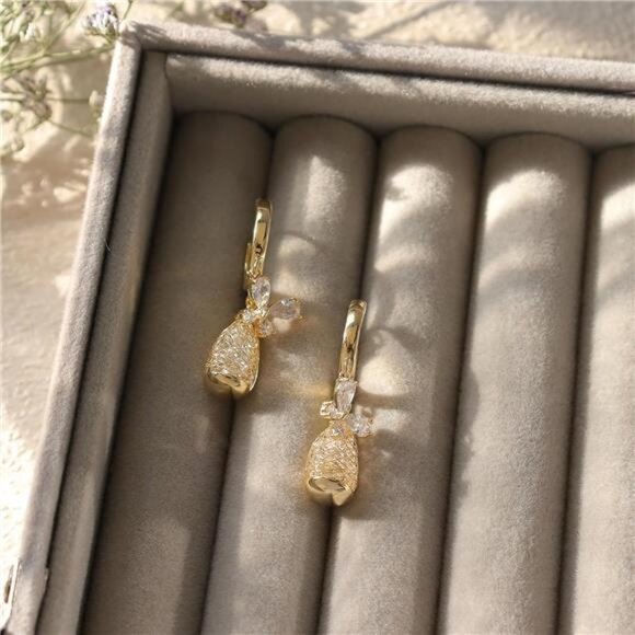 Sparkly Gold Hoop Earrings | 3D Water Drop & Butterfly Dangle - Picture 3 of 6